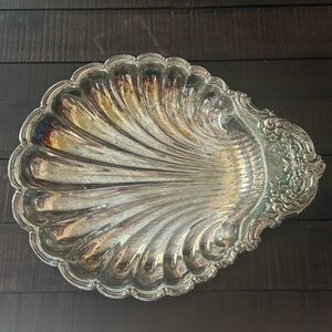 Silver Sea Shell Patina Large Decorative Tray Bowl Dish Vintage Art Decor Home
